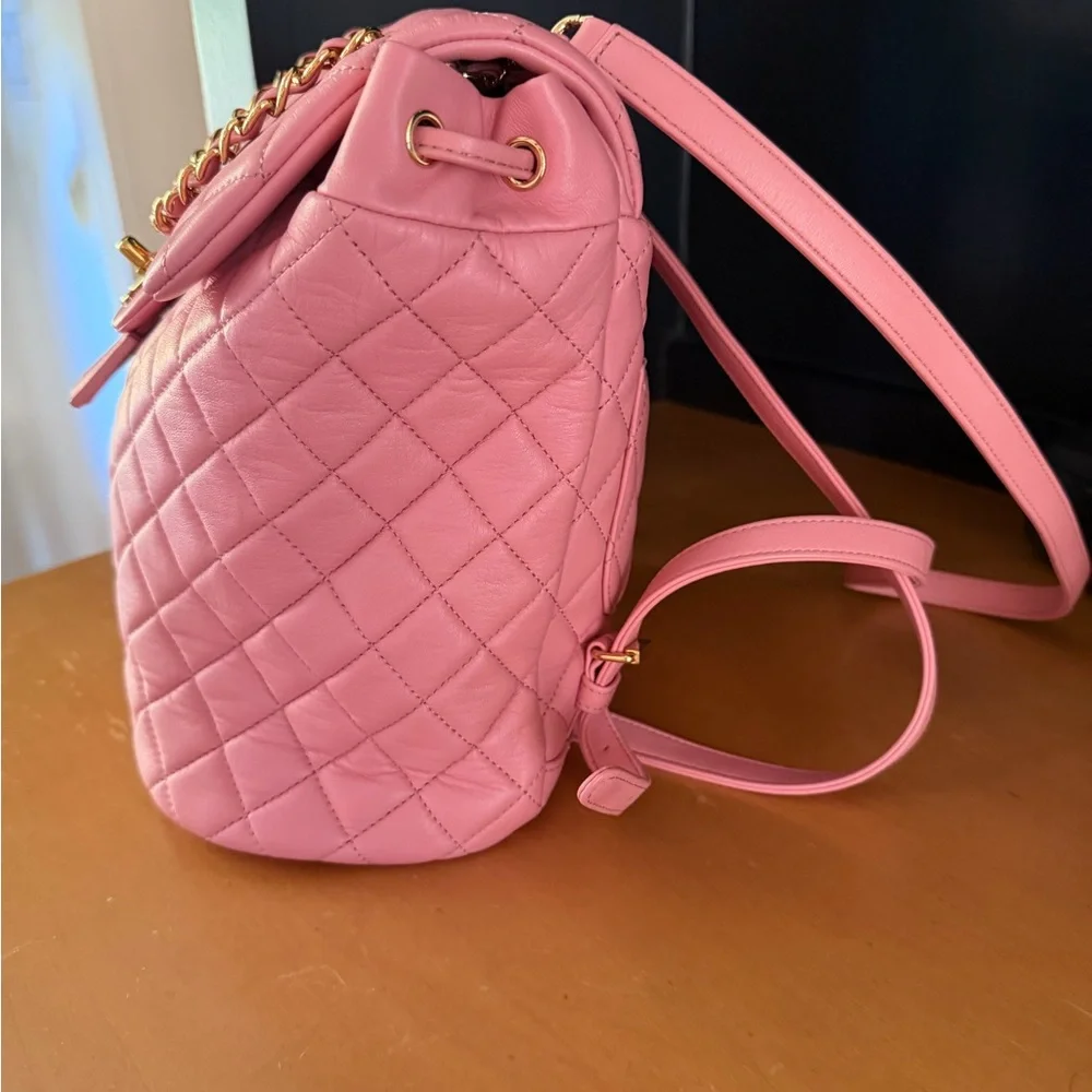CHANEL Pink Quilted Leather Backpack with Gold Hardware